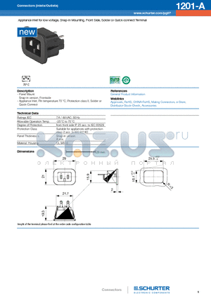 1201-A datasheet - Appliance inlet for low voltage, Snap-in Mounting, Front Side, Solder or Quick-connect Terminal