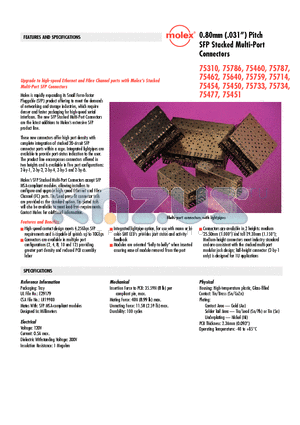 75450-0001 datasheet - 0.80mm (.031) Pitch SFP Stacked Multi-Port Connectors