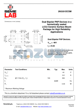 2N3351DCSM datasheet - Dual Bipolar PNP Devices in a hermetically sealed