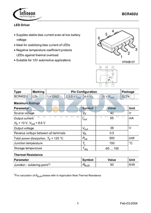 BCR402U datasheet - LED Driver(Supplies stable bias current even at low battery voltage)