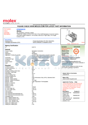 75433-2215 datasheet - 1.85mm by 1.85mm (.073 by .073) Pitch 3-Pair GbX^ Backplane Connector System Left Guide Header Position A, 150 Circuits, Gold (Au) 0.76lm (30l)