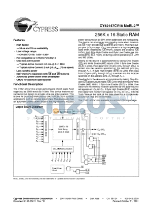 CY62147CV18LL-55BAI datasheet - 256K x 16 Static RAM