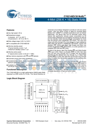 CY62146EV30LL datasheet - 4-Mbit (256K x 16) Static RAM