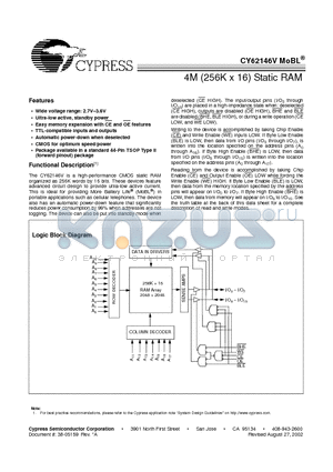 CY62146VLL-70ZI datasheet - 4M (256K x 16) Static RAM