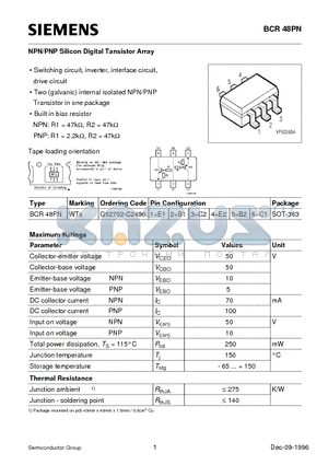 BCR48 datasheet - NPN/PNP Silicon Digital Tansistor Array (Switching circuit, inverter, interface circuit, drive circuit)