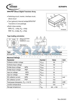 BCR48 datasheet - NPN/PNP Silicon Digital Transistor Array