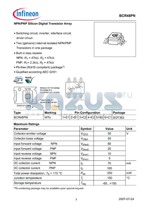 BCR48PN datasheet - NPN/PNP Silicon Digital Transistor Array