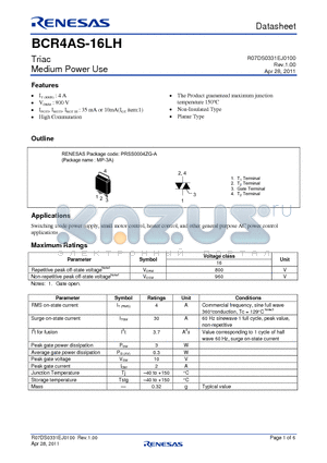 BCR4AS-16LH-1-B00 datasheet - Triac Medium Power Use