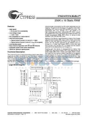 CY62147CV18_02 datasheet - 256K x 16 Static RAM