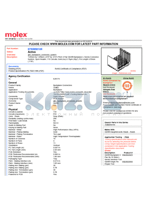 75465-0104 datasheet - 1.85mm by 1.85mm (.073 by .073) Pitch 4 Pair GbX^ Backplane L-Series Connector System, Open Header, 110 Circuits, Gold (Au) 0.76lm (30l)