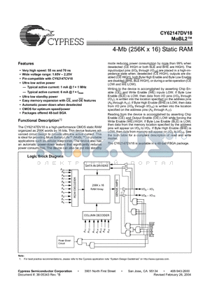 CY62147DV18L-70BVI datasheet - 4-Mb (256K x 16) Static RAM