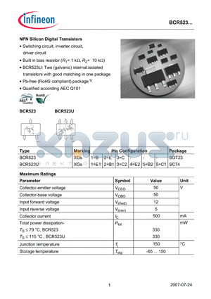 BCR523 datasheet - NPN Silicon Digital Transistors