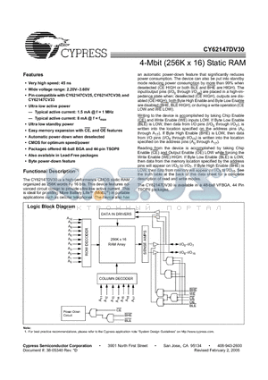 CY62147DV30 datasheet - 4-Mbit (256K x 16) Static RAM