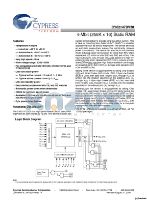 CY62147DV30L-55BVXE datasheet - 4-Mbit (256K x 16) Static RAM