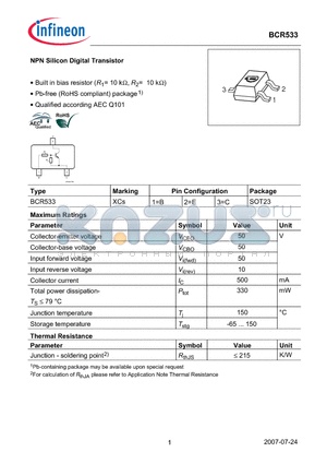 BCR533 datasheet - NPN Silicon Digital Transistor
