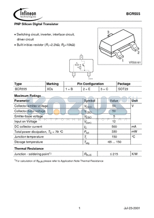BCR555 datasheet - PNP Silicon Digital Transistor