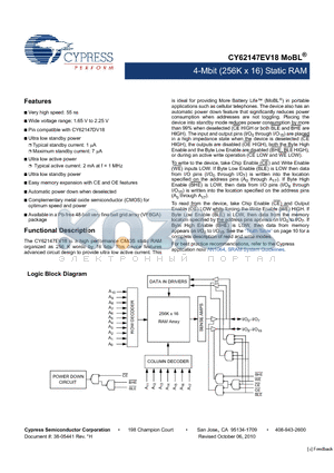 CY62147EV18LL datasheet - 4-Mbit (256K x 16) Static RAM