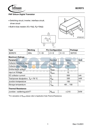 BCR573 datasheet - PNP Silicon Digital Transistor