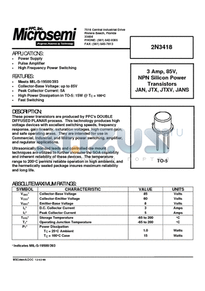 2N3418 datasheet - 3 Amp, 85V, NPN Silicon Power Transistors JAN, JTX, JTXV, JANS