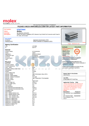 754770001 datasheet - Small Form-factor Pluggable (SFP) Stacked 2-by-6 Multi-Port Connector with Press-fit PC Tails, 240 Circuits