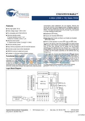 CY62147EV18LL-55BVXI datasheet - 4-Mbit (256K x 16) Static RAM