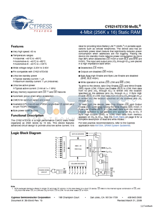 CY62147EV30LL-45BVI datasheet - 4-Mbit (256K x 16) Static RAM