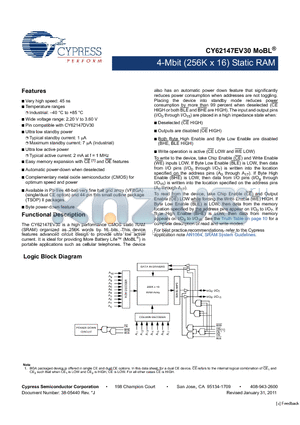 CY62147EV30LL-45B2XI datasheet - 4-Mbit (256K x 16) Static RAM Wide voltage range: 2.20 V to 3.60 V