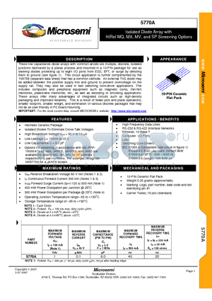5770A datasheet - Isolated Diode Array with HiRel MQ, MX, MV, and SP Screening Options