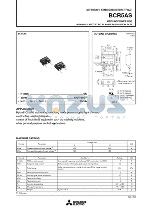 BCR5AS datasheet - MEDIUM POWER USE NON-INSULATED TYPE, PLANAR PASSIVATION TYPE