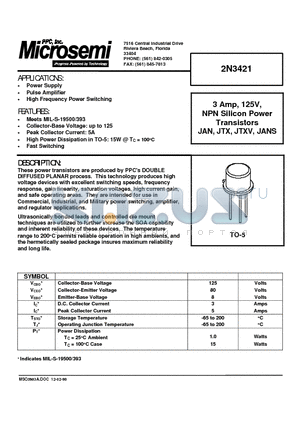 2N3421 datasheet - 3 Amp, 125V, NPN Silicon Power Transistors JAN, JTX, JTXV, JANS