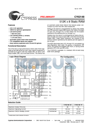 CY62148-70SC datasheet - 512K x 8 Static RAM