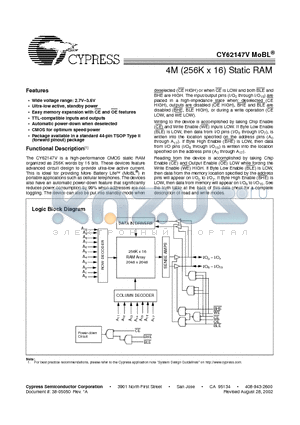 CY62147VLL-70ZI datasheet - 4M (256K x 16) Static RAM