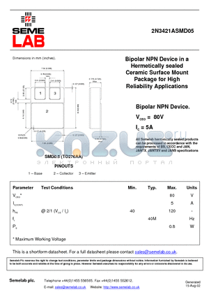 2N3421ASMD05 datasheet - Bipolar NPN Device in a Hermetically sealed