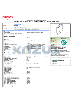 75492-1022 datasheet - 1.85mm by 1.85mm (.073 by .073) Pitch 2-Pair GbX^ Backplane Connector System, Power Module, 4 Circuits, 1.27lm (50l) Gold (Au), Lead Free