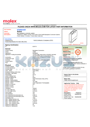 75492-1047 datasheet - 1.85mm by 1.85mm (.073 by .073) Pitch 2-Pair GbX^ Backplane Connector System, Power Module, 4 Circuits, 1.27lm (50l) Gold (Au)