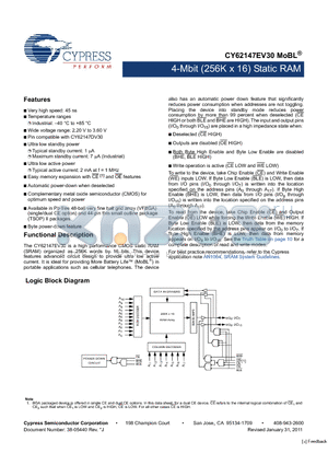 CY62147EV30LL-45ZSXI datasheet - 4-Mbit (256K x 16) Static RAM Wide voltage range: 2.20 V to 3.60 V