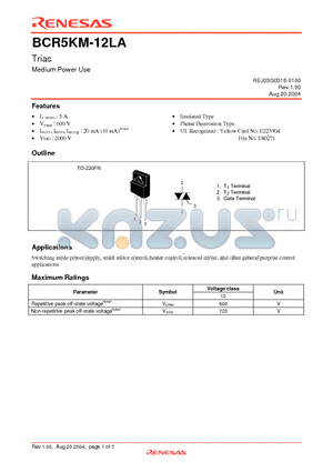 BCR5KM-12LA datasheet - Triac Medium Power Use