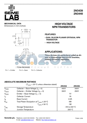 2N3439 datasheet - HIGH VOLTAGE NPN TRANSISTORS