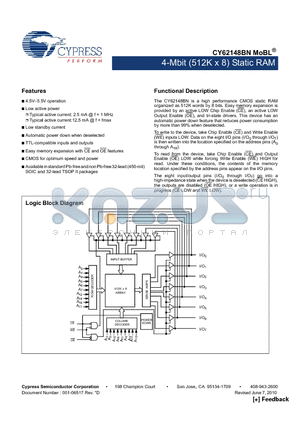 CY62148BNLL datasheet - 4-Mbit (512K x 8) Static RAM