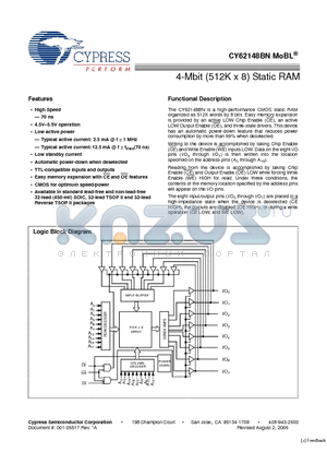 CY62148BNLL-70SC datasheet - 4-Mbit (512K x 8) Static RAM