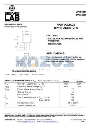 2N3439 datasheet - HIGH VOLTAGE NPN TRANSISTORS