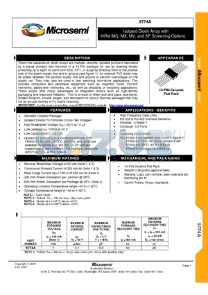 5774A datasheet - Isolated Diode Array with HiRel MQ, MX, MV, and SP Screening Options