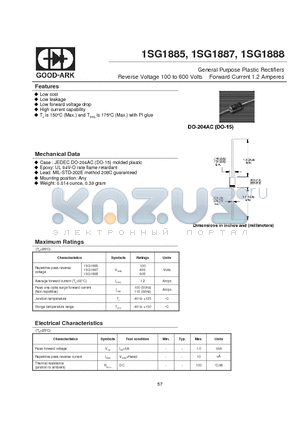 1SG1885 datasheet - General Purpose Plastic Rectifiers Reverse Voltage 100 to 600 Volts Forward Current 1.2 Amperes