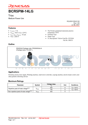 BCR5PM-14LG-A8 datasheet - Triac Medium Power Use