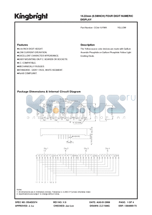 CC56-12YWA datasheet - 14.22mm (0.56INCH) FOUR DIGIT NUMERIC DISPLAY