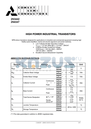 2N3442 datasheet - HIGH POWER INDUSTRIAL TRANSISTORS