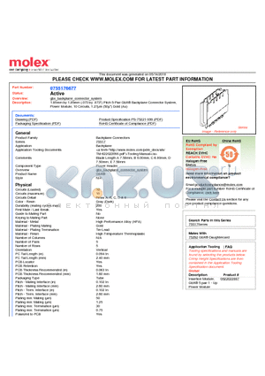 75517-6677 datasheet - 1.85mm by 1.85mm (.073 by .073) Pitch 5-Pair GbX^ Backplane Connector System, Power Module, 10 Circuits, 1.27lm (50l) Gold (Au)