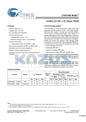 CY62148E datasheet - 4-Mbit (512K x 8) Static RAM