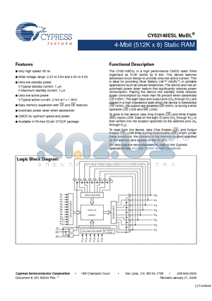 CY62148ESL datasheet - 4-Mbit (512K x 8) Static RAM