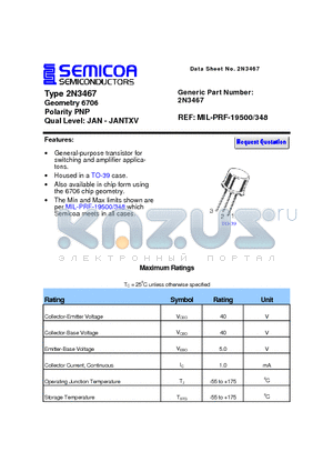 2N3467 datasheet - Type 2N3467 Geometry 6706 Polarity PNP